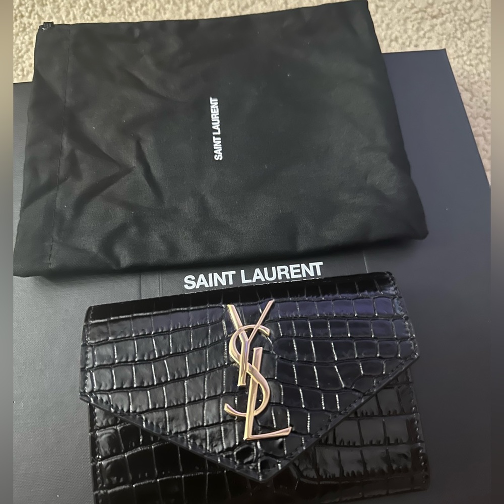 Saint Laurent Leather Wallet Gold Logo